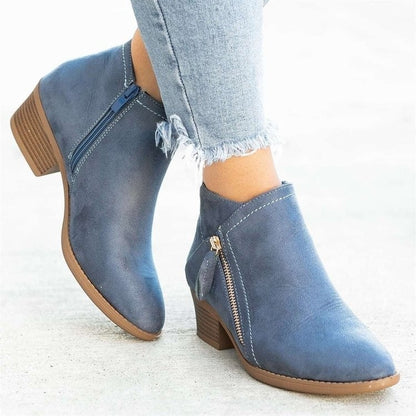 Go West, Suede Style Ankle Boots For Women, Low Heel with Side Zipper