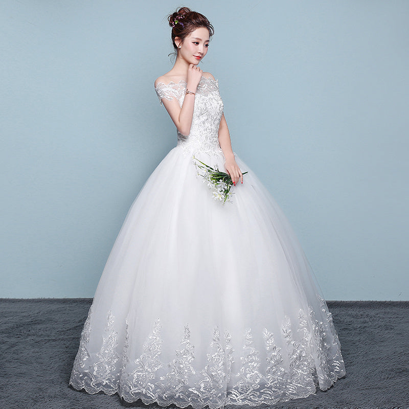 Qidi, Lovely Lace Bodice Full Skirt Off-the-Shoulder Wedding Dress for Women