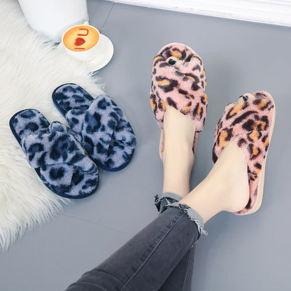 Cross-Strap Fuzzy Slippers Leopard Plush House Shoes Flat Bedroom Slippers For Women