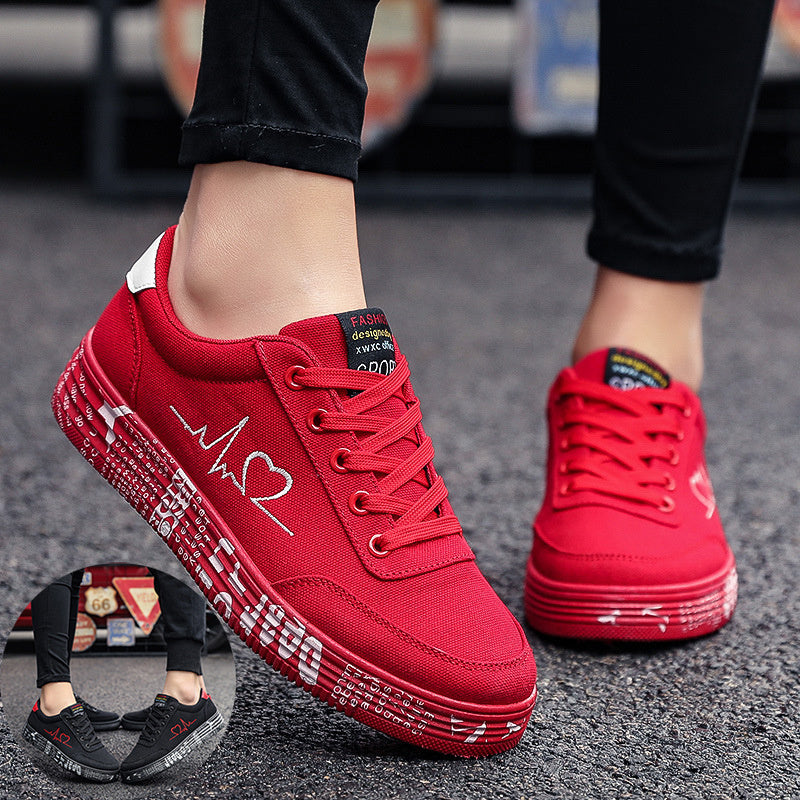 Heart Beat, Love Print Canvas Women Flats Lace-up Casual Shoes