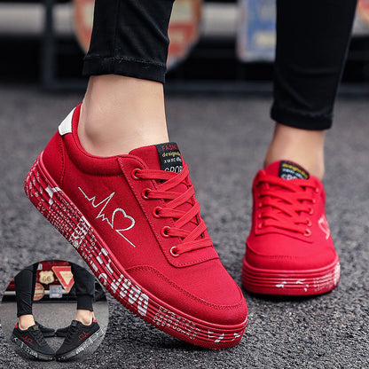 Heart Beat, Love Print Canvas Women Flats Lace-up Casual Shoes