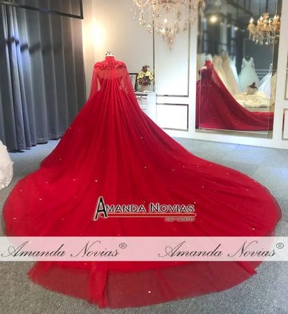 Amanda Novias, Red Holiday Wedding Dress With Cape, Wedding Party Dress Full Beading