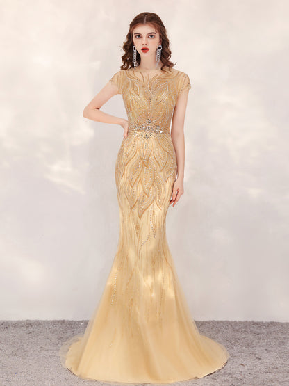 Glory, Fishtail Evening Dress Gold with Modest Train, Host/Event Evening Gown