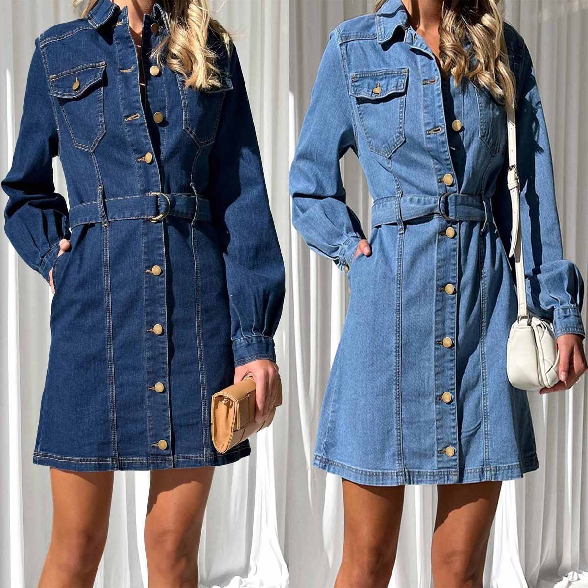 Fashion Casual Button Down Denim Dress for Women