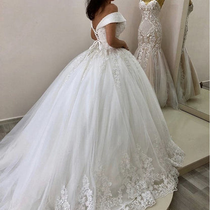 FAIRY Tails, Ornate Lace Bodice  Off-Shoulder Trailing Wedding Gown