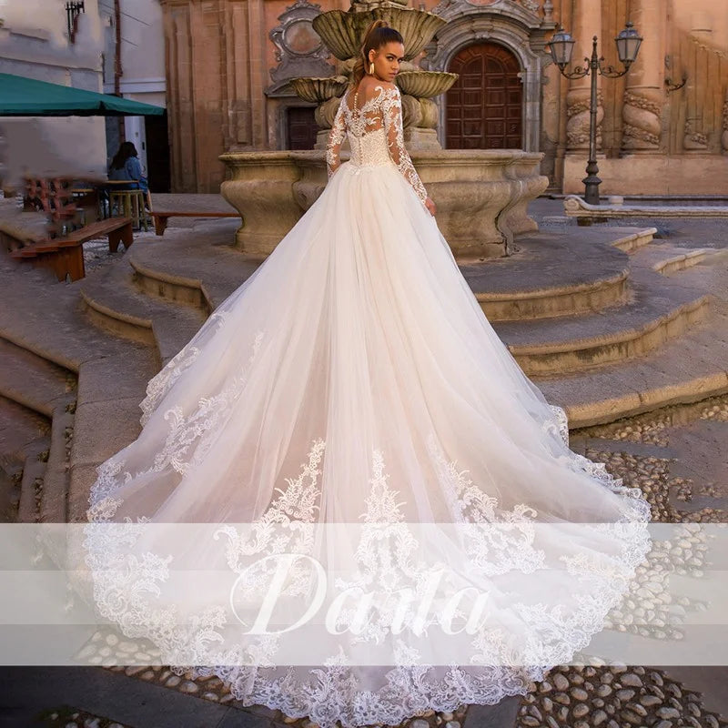 Darla, Stunning Mermaid Sweetheart Neckline Long Sleeve Detachable Train 2 in 1 Lace Wedding Gown