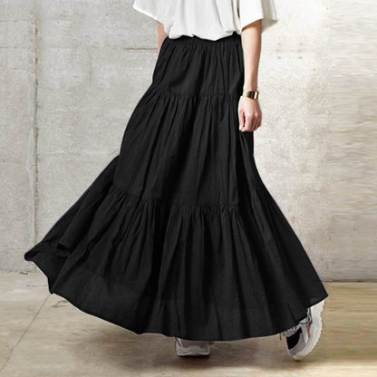 Level Up, Solid Color Pleated Long Loose Cake Skirt, Layered Hem Skirt ( Plus Sizes Available)