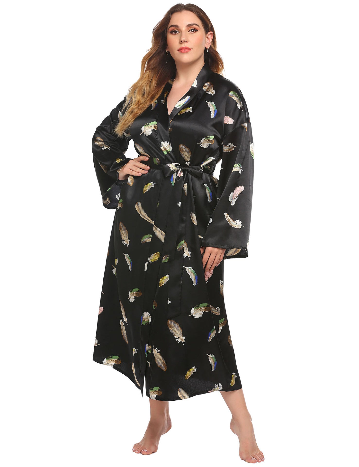 Camise, Long Robes For Women Flower Print Bathrobe V-neck Silk Sleepwear