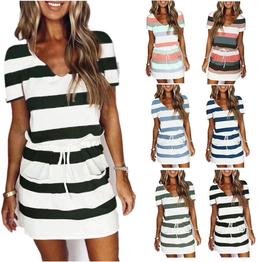 Nautical Babe, Striped Summer Short Sleeve V-neck Drawstring Waist Mini Dress for Women (With Pockets!)