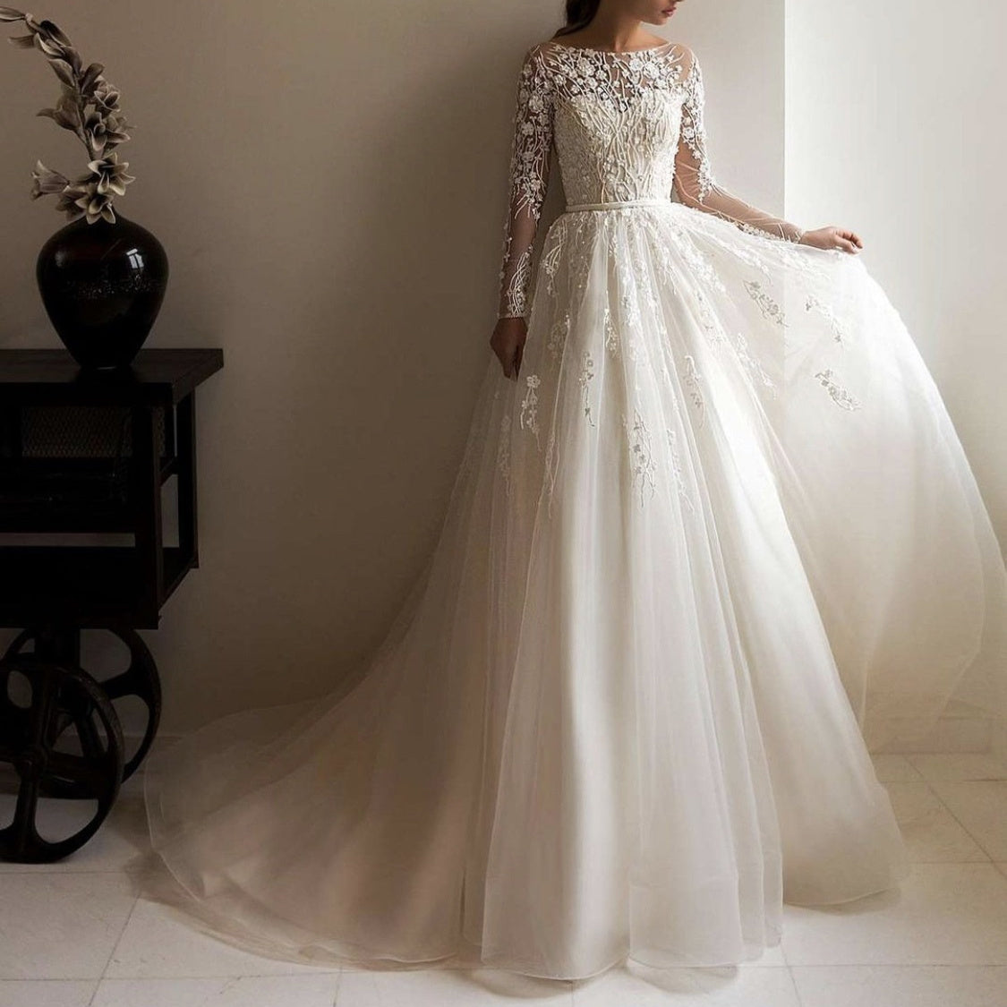 Vineyard, Lovely Whimsical  Bridal Gown with Floral Embroidered Long Sleeve Sheer Top