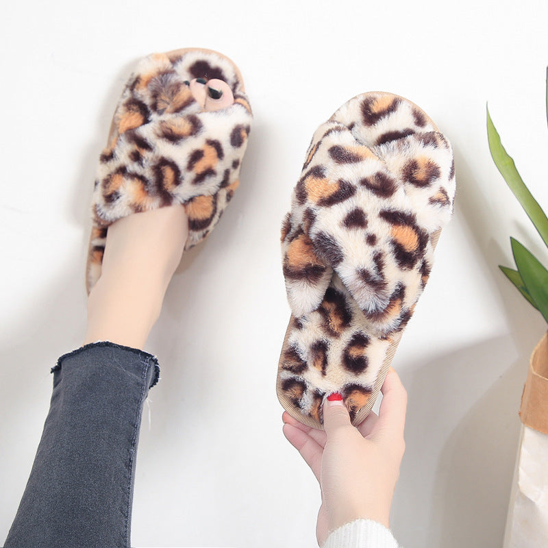 Cross-Strap Fuzzy Slippers Leopard Plush House Shoes Flat Bedroom Slippers For Women