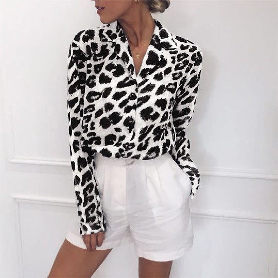 Vintage, Long Sleeve Leopard Print Blouse Turn Down Collar Casual Loose Tops for Women