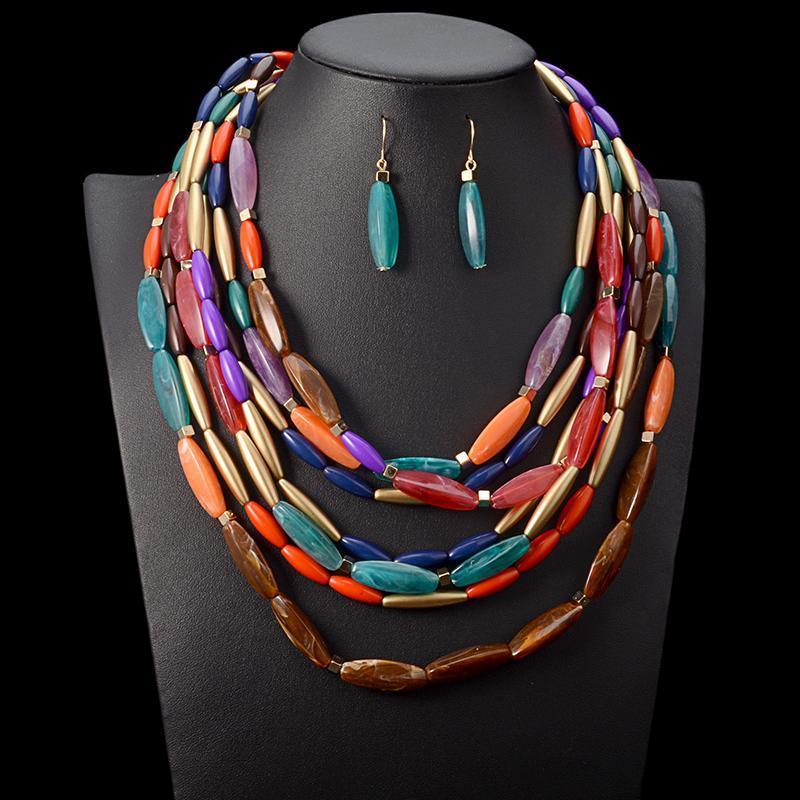 Versatile Style, Multi Color Beaded Fashion Necklace with Gold Accent Beads and Matching Earrings