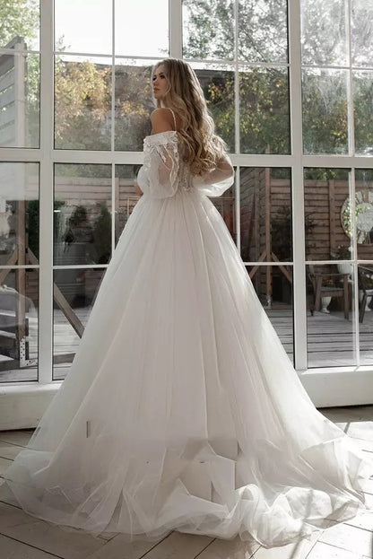 Crown, Bride Gown with Puff Sleeves Off Shoulder Wedding Dresses