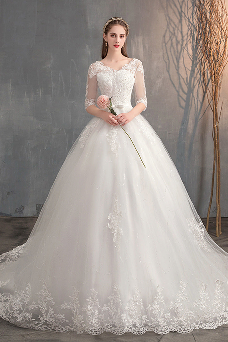 Wedding Dress Trailing Deep V Neck Lace High Waist Wedding Dress Long Sleeves