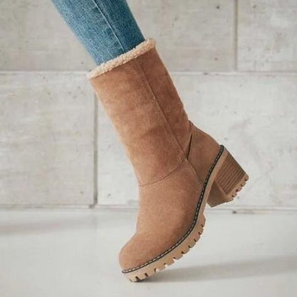 Crush, Mid-Tube Thick Heel Suede Snow Boots