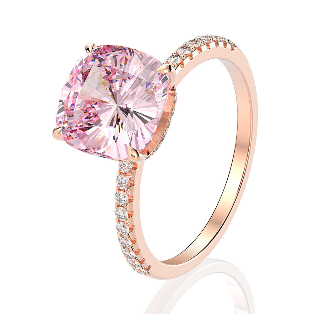 Pink Sunrise, High Carbon Large Cushion Simulate Diamond Ring, Sterling Silver Pink Wedding Ring