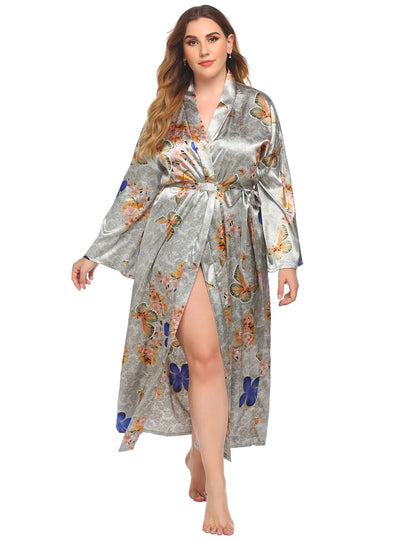 Camise, Long Robes For Women Flower Print Bathrobe V-neck Silk Sleepwear