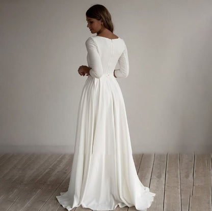 The Minimalist, Lovely Long Three Quarter Sleeve Wedding / Evening Dress with Pockets