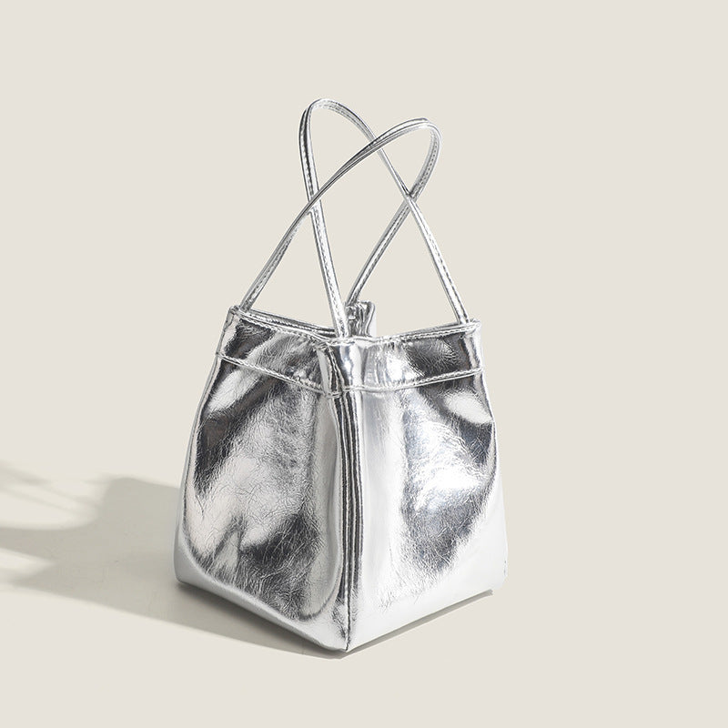 Bling, Silver Bright Leather Portable Small Square Lunch Box Bag