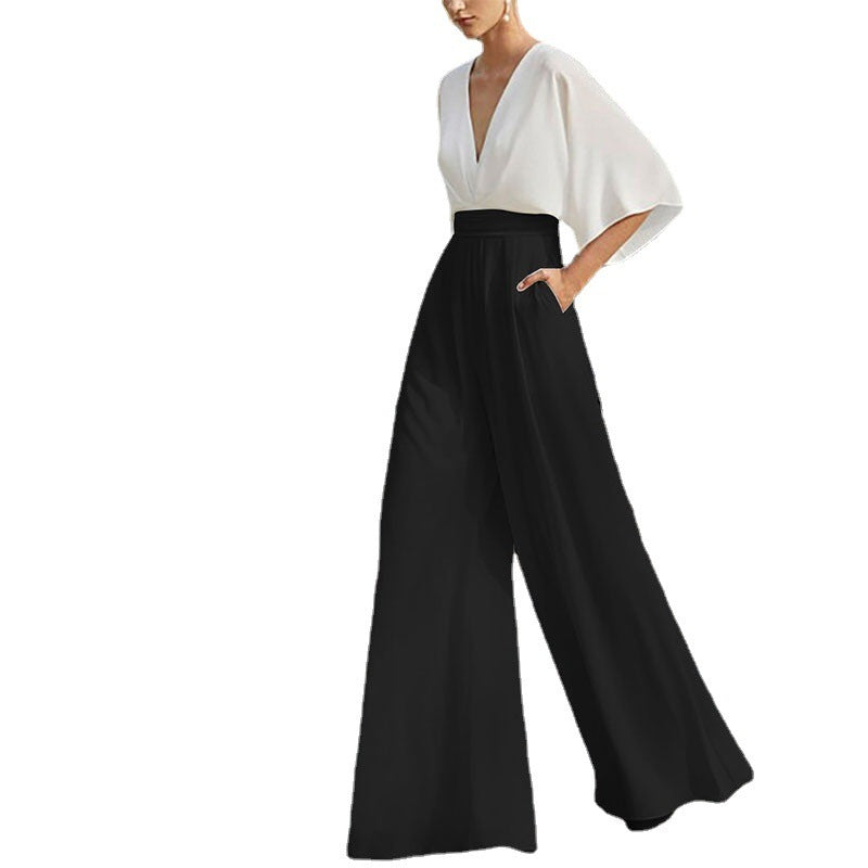 Vogue, Deep V High Waist Wide Leg Jumpsuit for Women