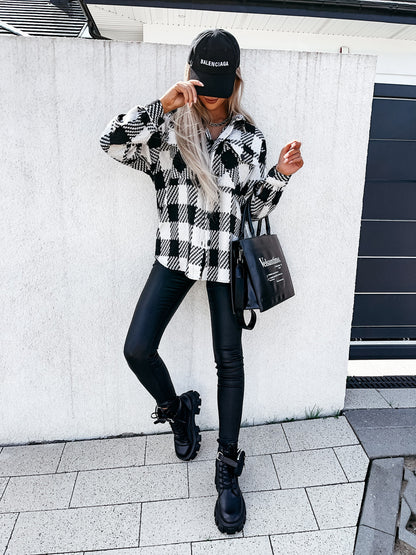 Explosive Net, Autumn And Winter Long-sleeved Houndstooth Printed Woolen Women&