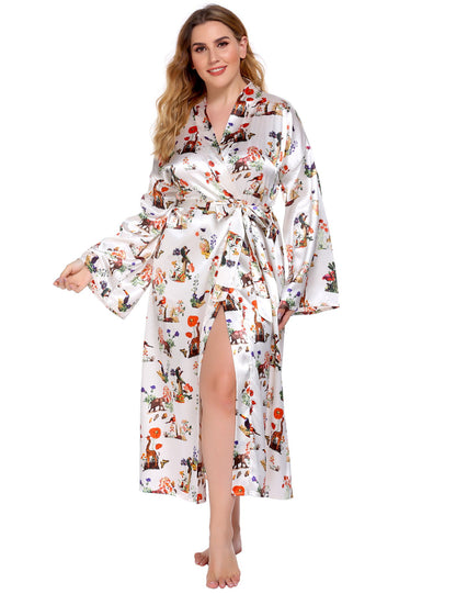 Camise, Long Robes For Women Flower Print Bathrobe V-neck Silk Sleepwear