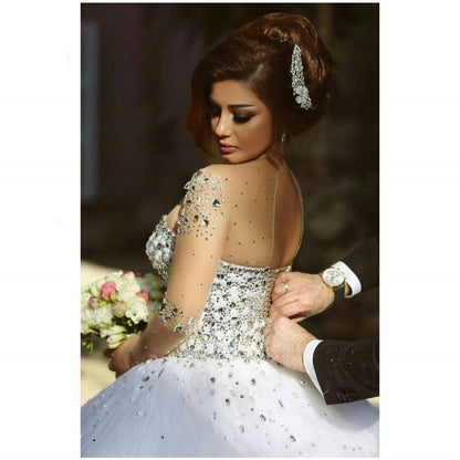 White Long Sleeve Trailing Lace Up Sexy Diamond Wedding  Dress Bridal Luxury