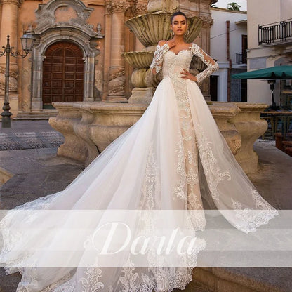 Darla, Stunning Mermaid Sweetheart Neckline Long Sleeve Detachable Train 2 in 1 Lace Wedding Gown