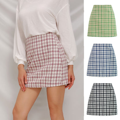 Xiaoxiangfeng, Woolen High-waisted Skirt, Retro Well Grid A-line Skirt for Women