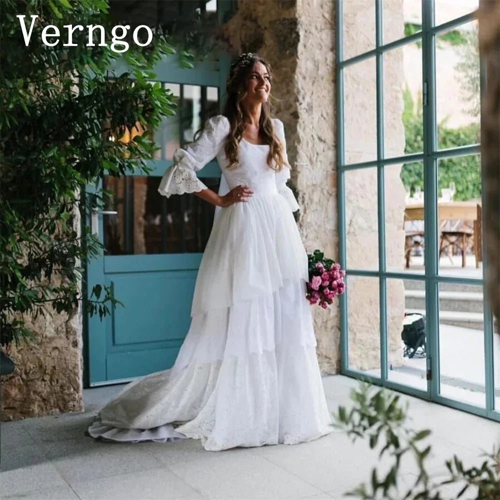 Verngo, Rustic Vintage Lace  Dress, Boho A-Line Half Sleeves Tiered Wedding Gown