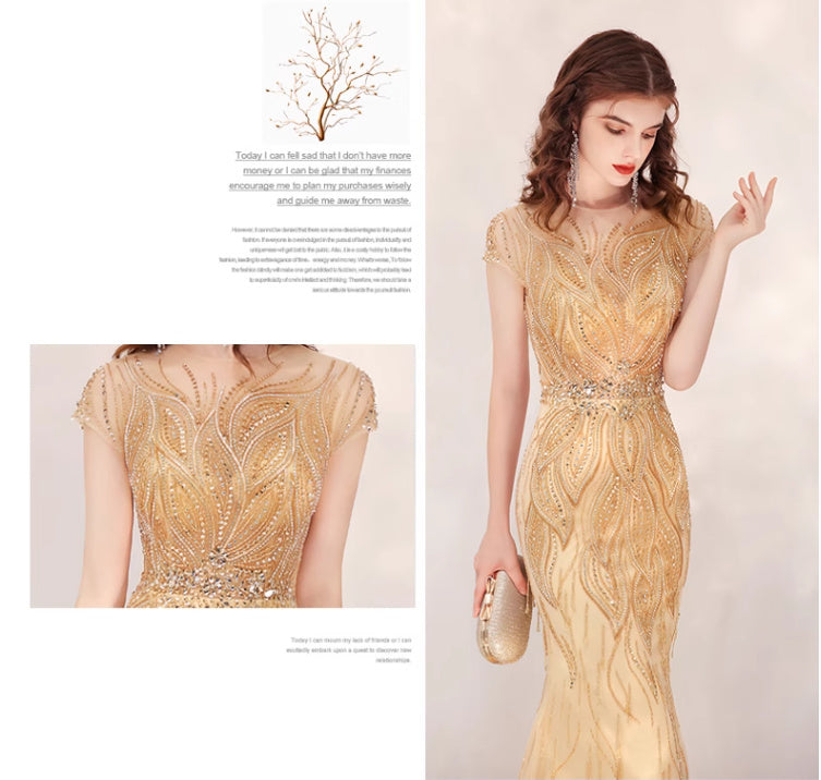 Glory, Fishtail Evening Dress Gold with Modest Train, Host/Event Evening Gown