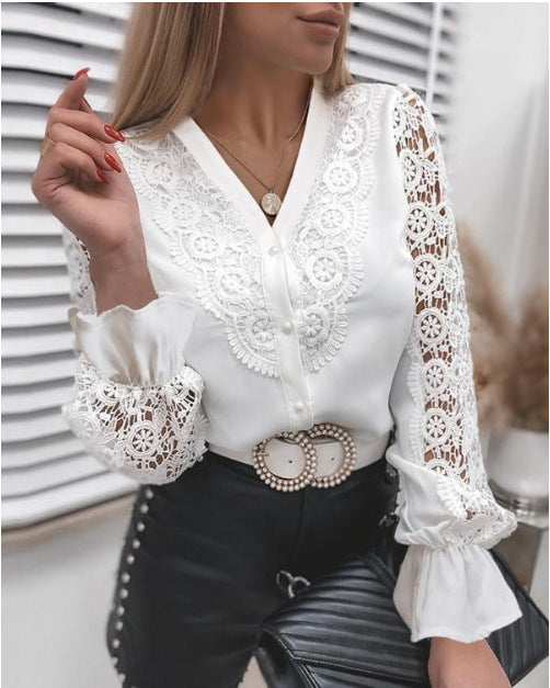 White Lace, Fashion Lace Long Sleeve V Neck Button Front Shirt for Women