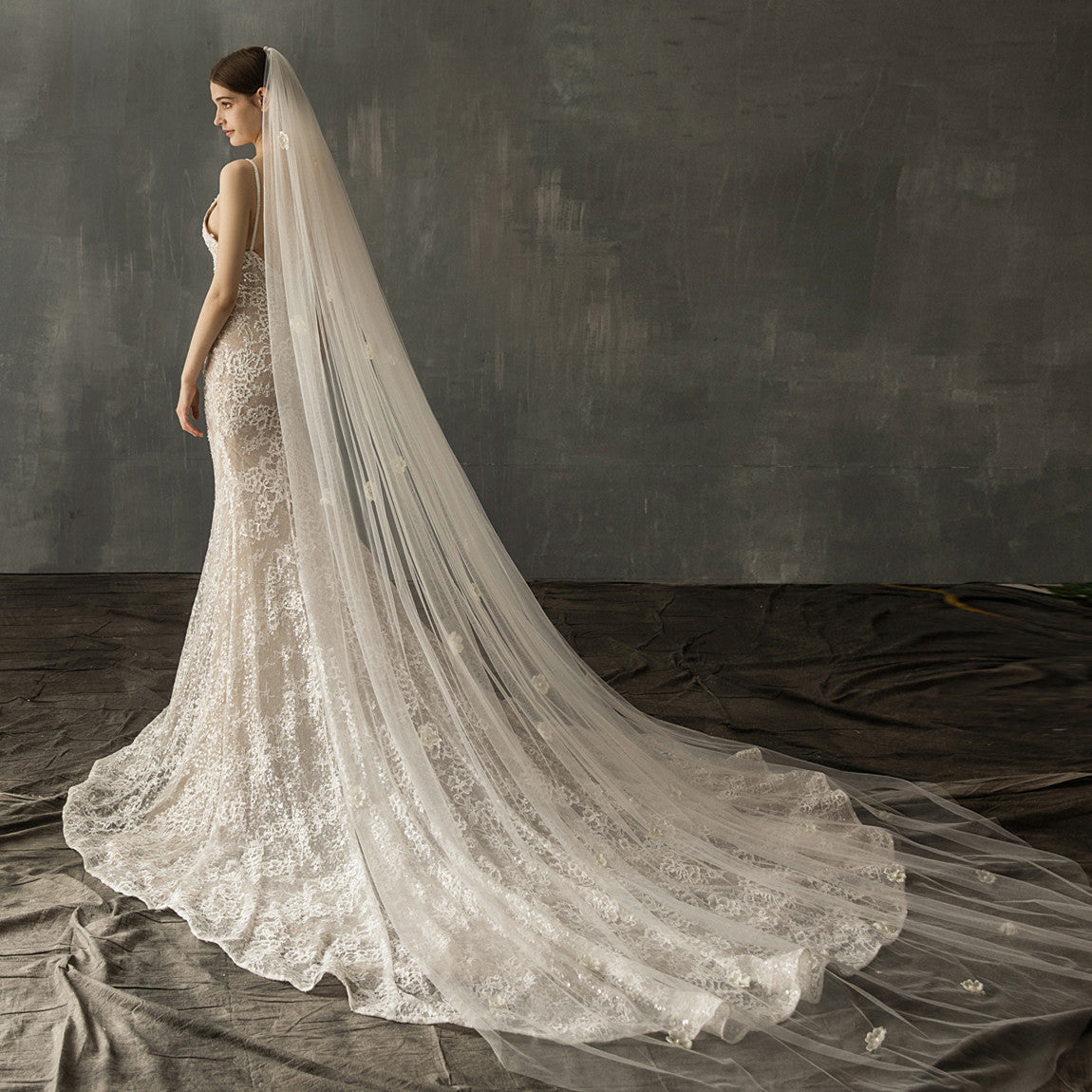 Church Belle,  Long Tulle Veil Dotted with Lovely Pearl Design