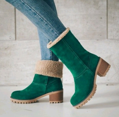 Crush, Mid-Tube Thick Heel Suede Snow Boots