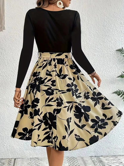 S.A.S, Casual Floral Print Knee Length Long Sleeve Dress, Fashion Round Neck Tie Waist Slim Fit Dress Women&