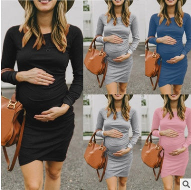 +Style, Round Neck Long Sleeve Maternity Dress