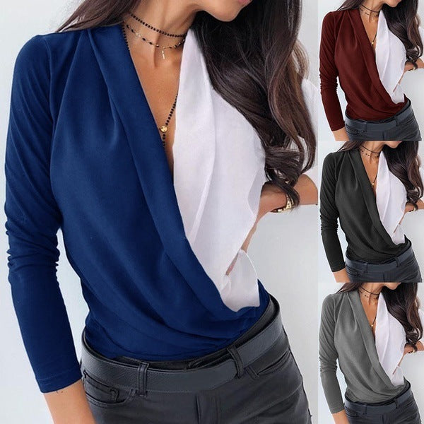 Solitaire Twist, Long Sleeve Solid and Multicolor Panel Deep V Wrap Collar Shirt for Women