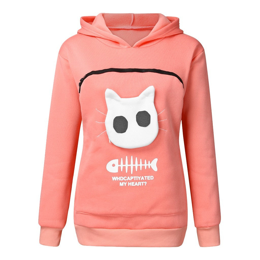 Fun Wear, Women Hoodie Sweatshirt With Cat Pet Pocket Design, Long Sleeve Sweater