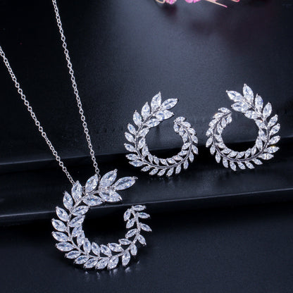 Zircon necklace earrings two-piece anti-allergic earrings true white gold plating color