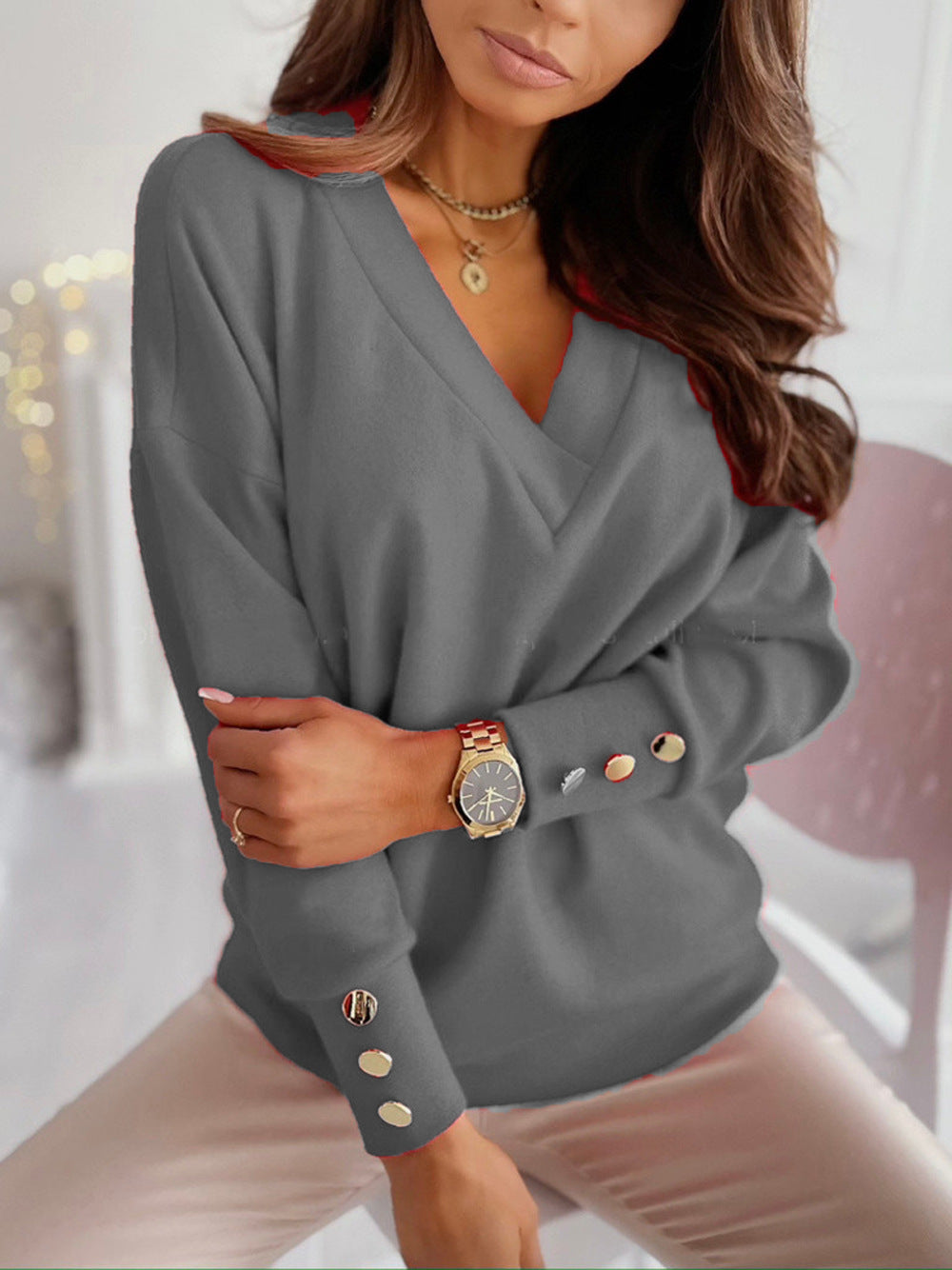 Simple Solid Color Long-sleeved V-neck Button Bottoming Shirt