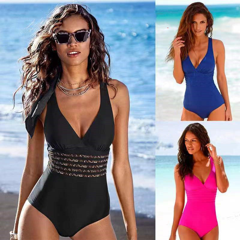 Pure Modest Sex Appeal, Exposed Back, V-Neck, Cinched Waist One Piece Swimsuit