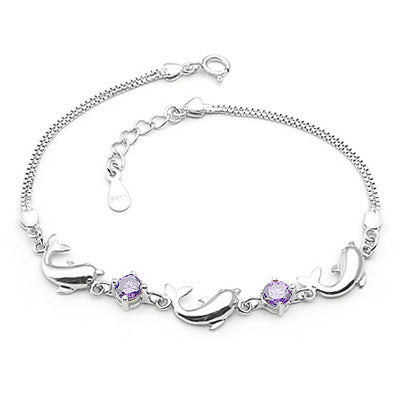 925 Sterling Silver Bracelet Wholesale, Dolphin Amethyst Bracelet, Women&