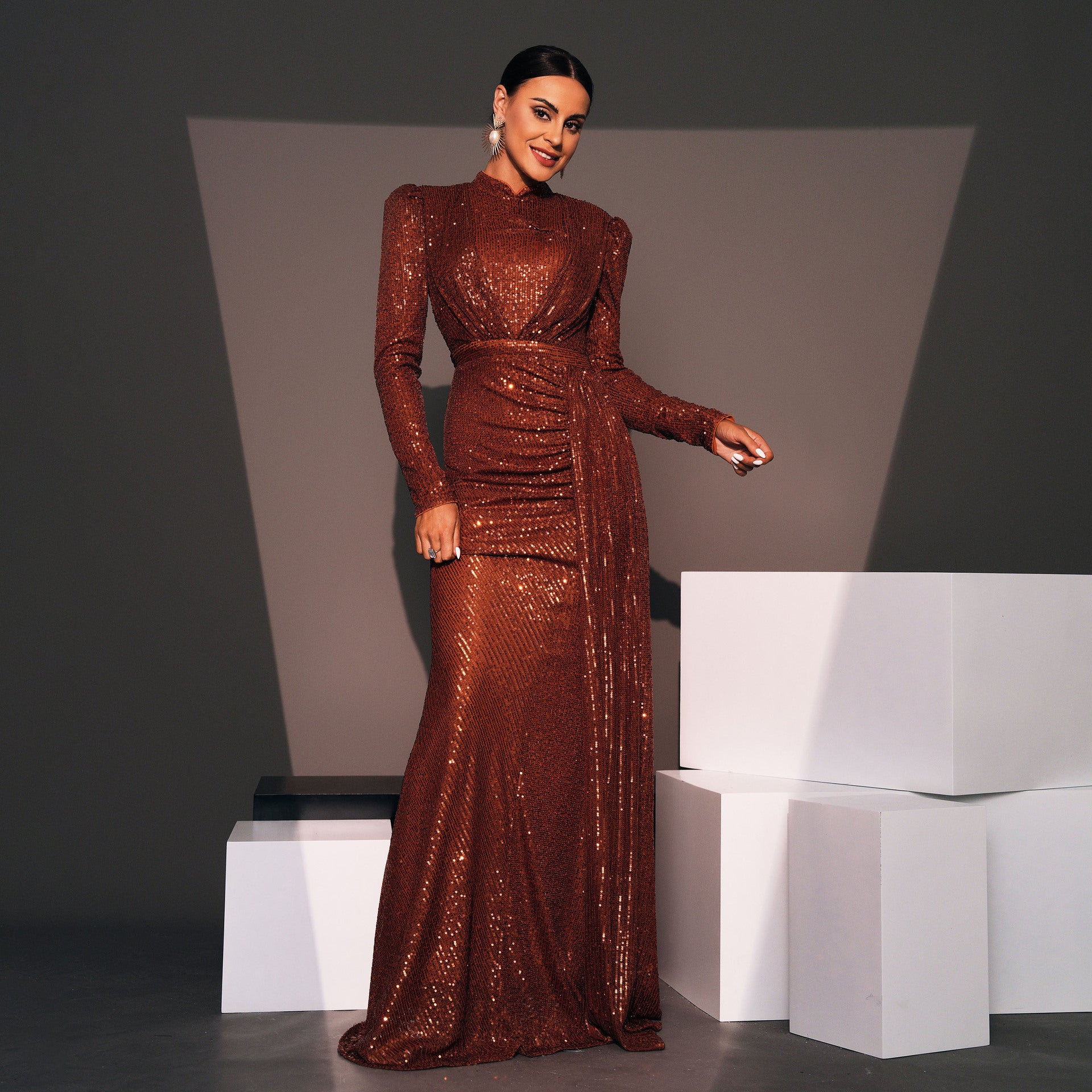 IICIE, Beautiful Winter Long Sleeve Round Neck Sequined Formal Gown