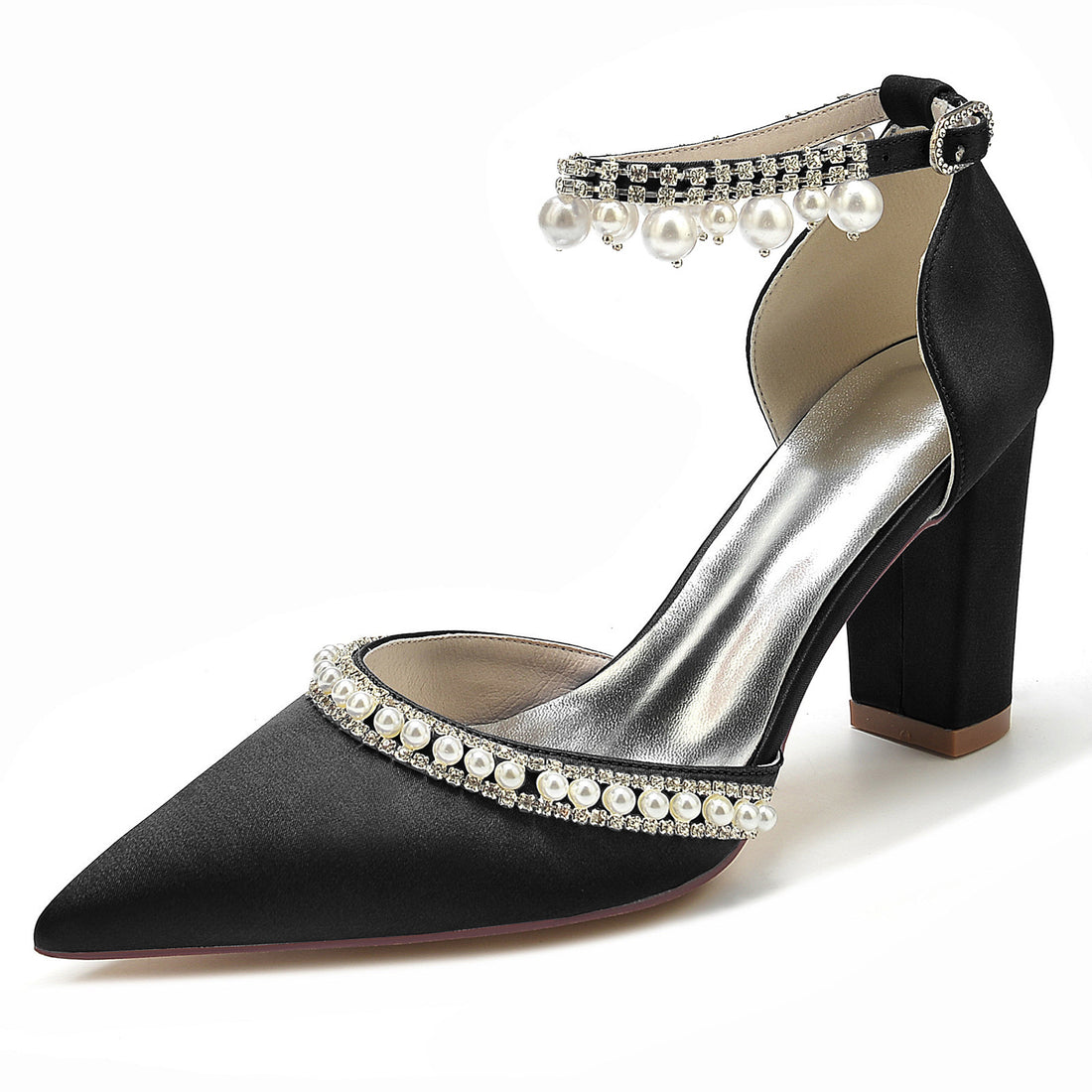 Queen, Sleek Pointed Toe Rhinestone Block Heel Satin Pumps