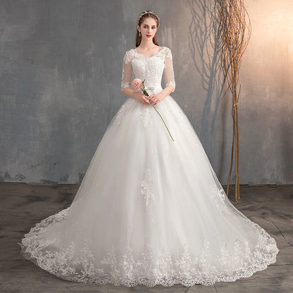 Wedding Dress Trailing Deep V Neck Lace High Waist Wedding Dress Long Sleeves