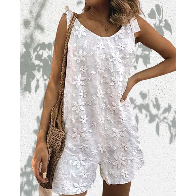 Casual And Sweet Lace Bow Shoulder Strap Jumpsuit Romper