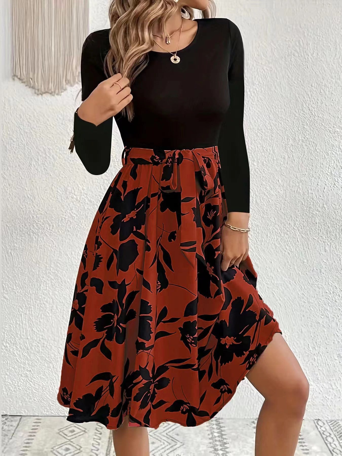 S.A.S, Casual Floral Print Knee Length Long Sleeve Dress, Fashion Round Neck Tie Waist Slim Fit Dress Women&