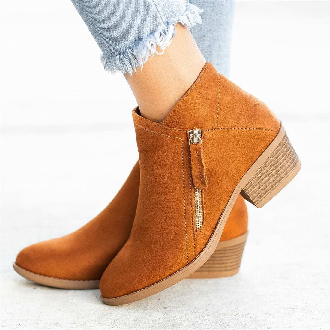 Go West, Suede Style Ankle Boots For Women, Low Heel with Side Zipper