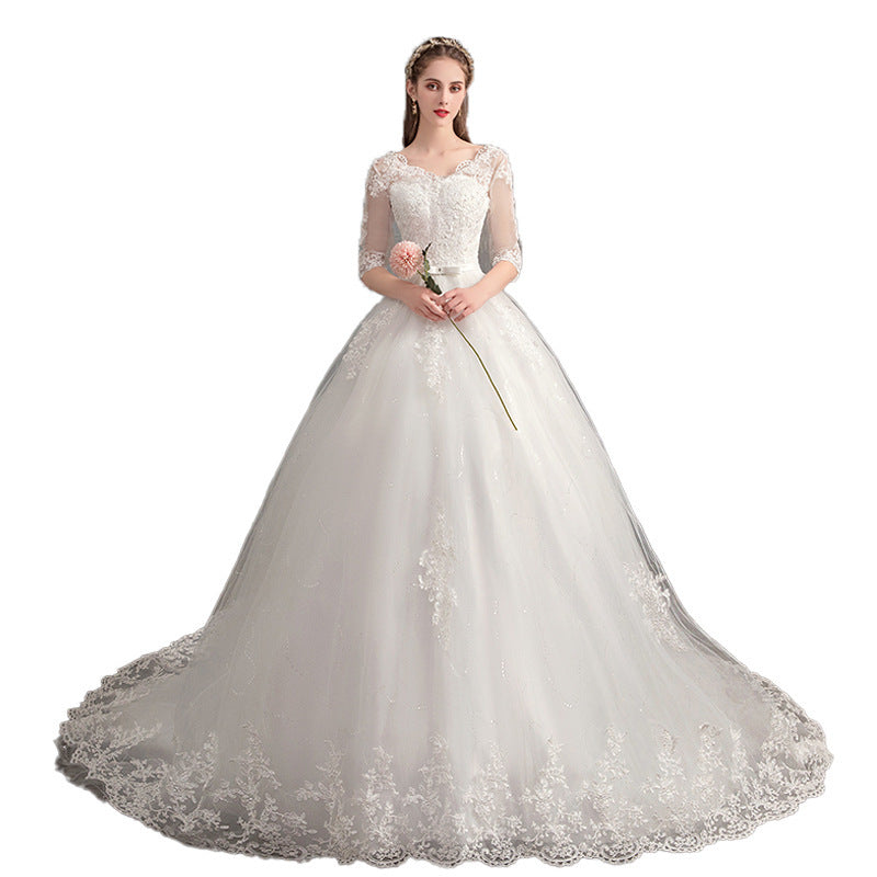 Wedding Dress Trailing Deep V Neck Lace High Waist Wedding Dress Long Sleeves